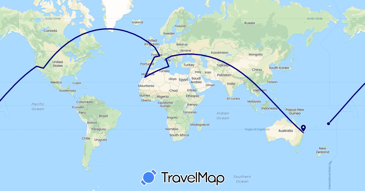 TravelMap itinerary: driving in Australia, Fiji, France, Croatia, Ireland, Italy, Morocco, Portugal, United States (Africa, Europe, North America, Oceania)